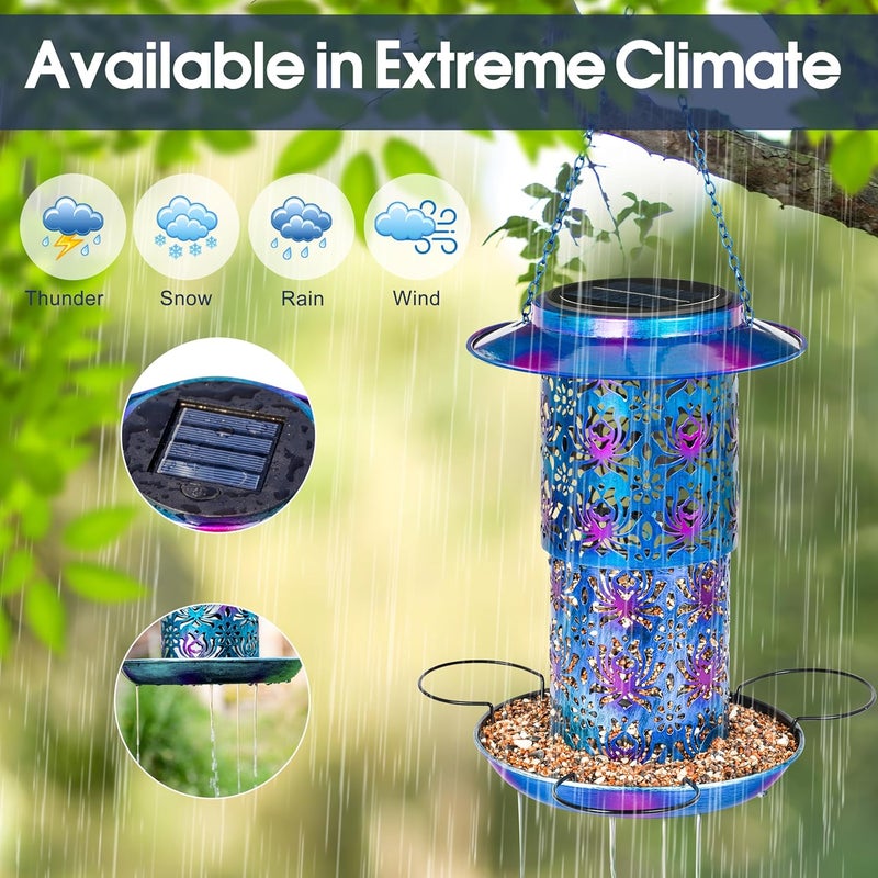 Ottsuls Solar Bird Feeder for Outdoors Hanging, Metal Wild Cardinals Garden Lantern Weatherproof, Decro Solar Birdfeeders as Gift Idea for Women Mom Grandma Bird Lovers (Update Version Blue) - Image 4